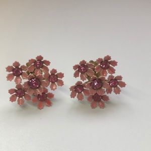Vintage Lisner Pink Flower Earrings 1950-1960 Gorgeous Petals with Rhinestones
